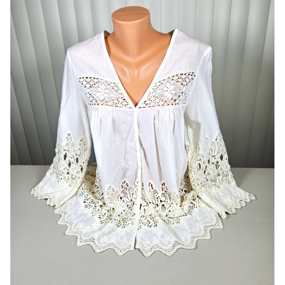Kyra Boston Proper White Cotton Lace Crochet Boho Tunic Blouse Top Size L Large